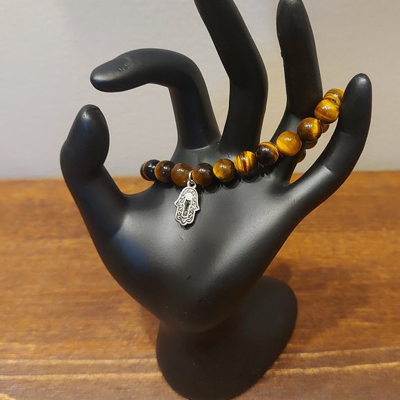 Tigers Eye Bracelet with Hand of Hamsa Pendant - Picture 2 of 5